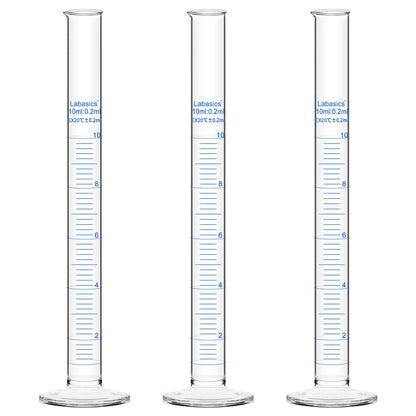 Graduated measuring cylinder, 10 mL, borosilicate glass, clear metric scale, narrow body for precise small-volume liquid measurement; 3-pack