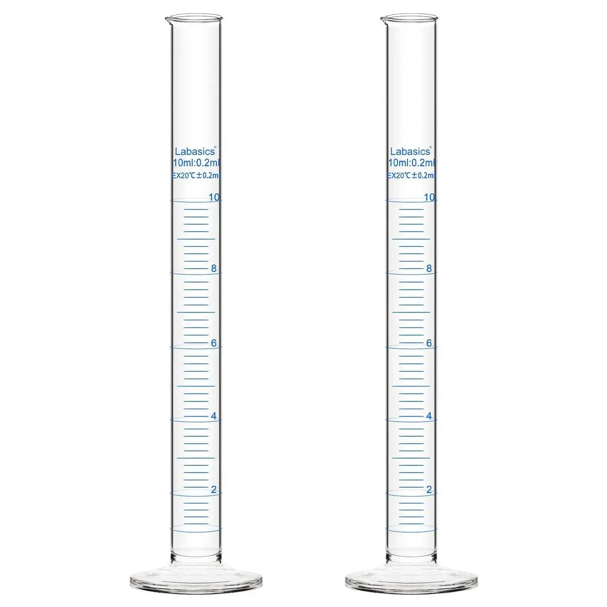 Graduated measuring cylinder, 10 mL, borosilicate glass, clear metric scale, narrow body for precise small-volume liquid measurement; 2-pack