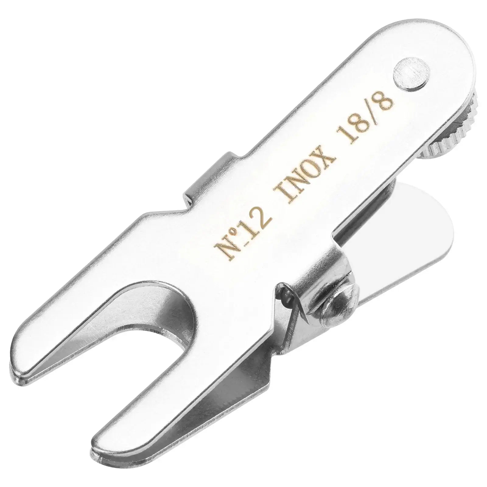 Stainless steel spherical pinch clamp, size #12, screw-type locking nut, corrosion-resistant body, secure grip for spherical glass joints in laboratory systems