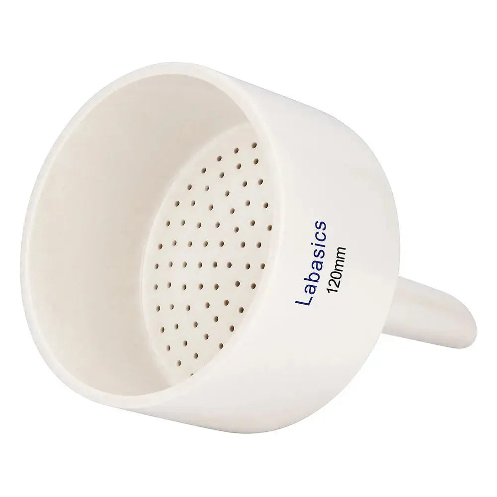 Büchner funnel, 120 mm OD, porcelain construction, glazed surface, perforated plate for chemical and vacuum filtration