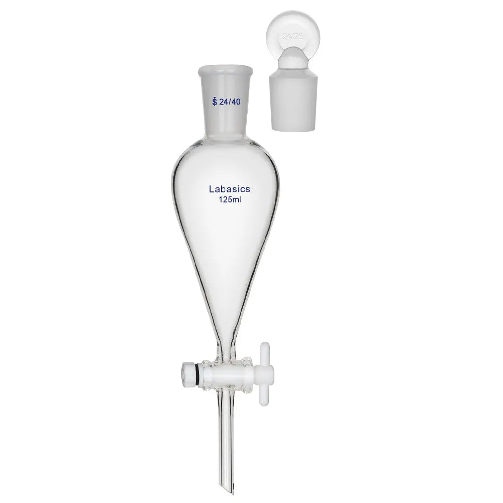 Separatory funnel, 125 mL, conical shape, 24/40 joint, borosilicate glass, PTFE stopcock, for liquid-liquid extraction