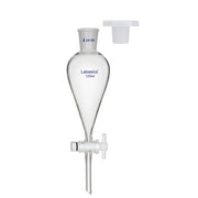 Separatory funnel, 125 mL, conical design, 24/29 joint, PTFE stopcock, used for liquid-liquid extraction in laboratory