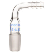 Glass bent inlet adapter with 14/20 male joint, angled outlet for flexible tubing connection in laboratory setup
