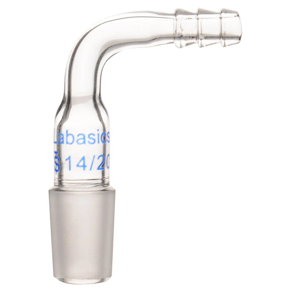 Glass bent inlet adapter with 14/20 male joint, angled outlet for flexible tubing connection in laboratory setup