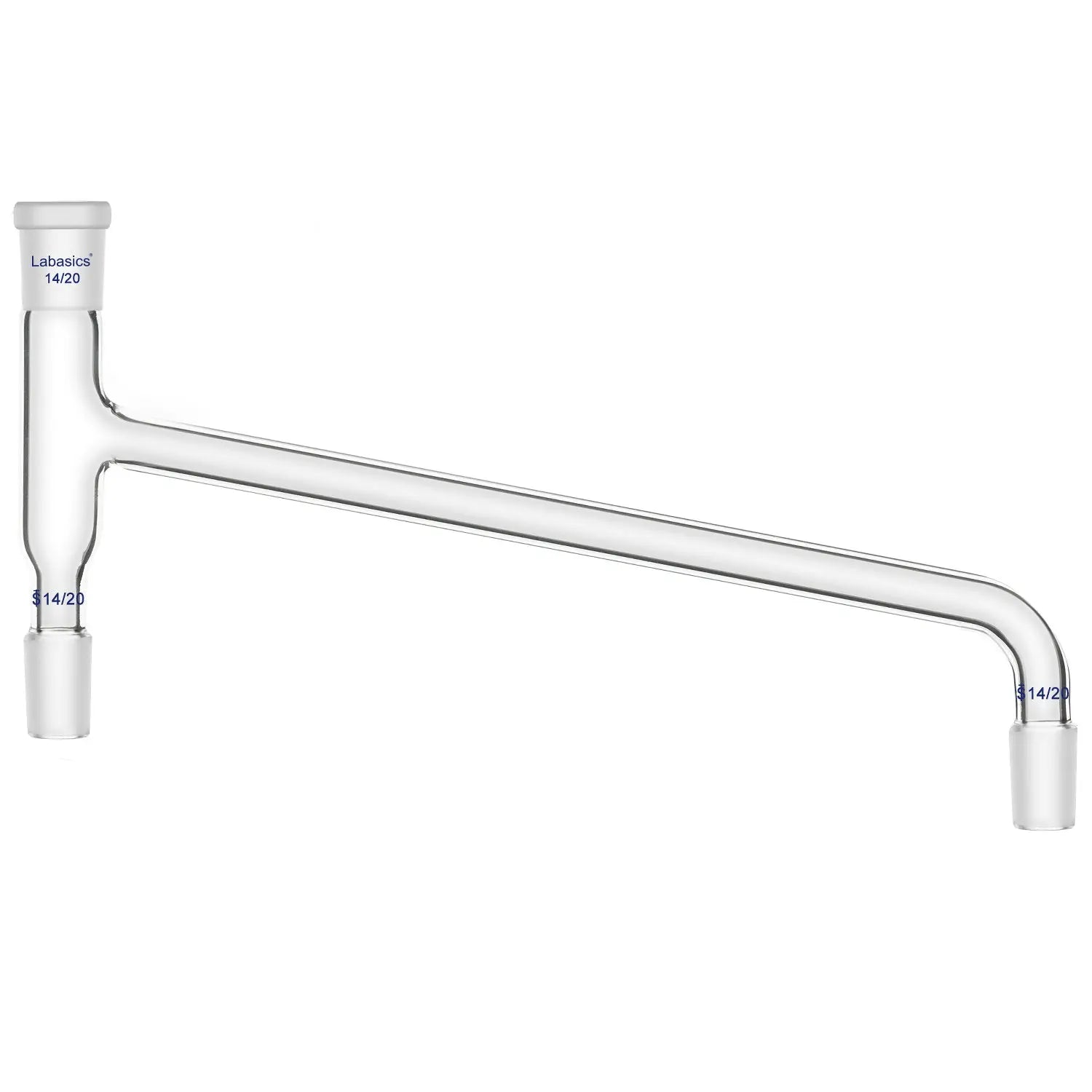 75° bent borosilicate glass distilling adapter, 14/20 joint, connects distilling column to vertical condenser for lab experiments