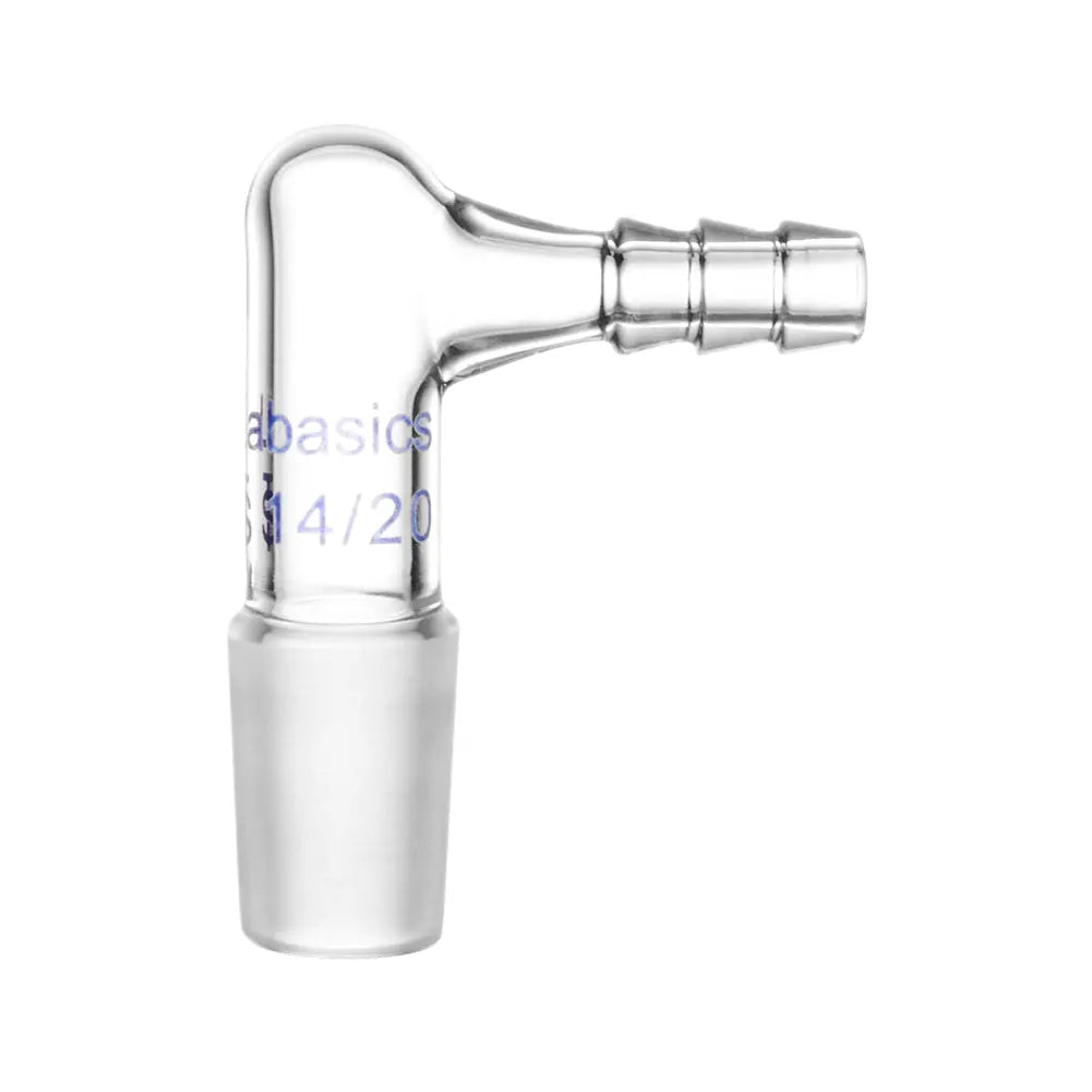 90° bent borosilicate glass inlet adapter with 14/20 inner joint and hose connection, reusable for laboratory vacuum and gas systems
