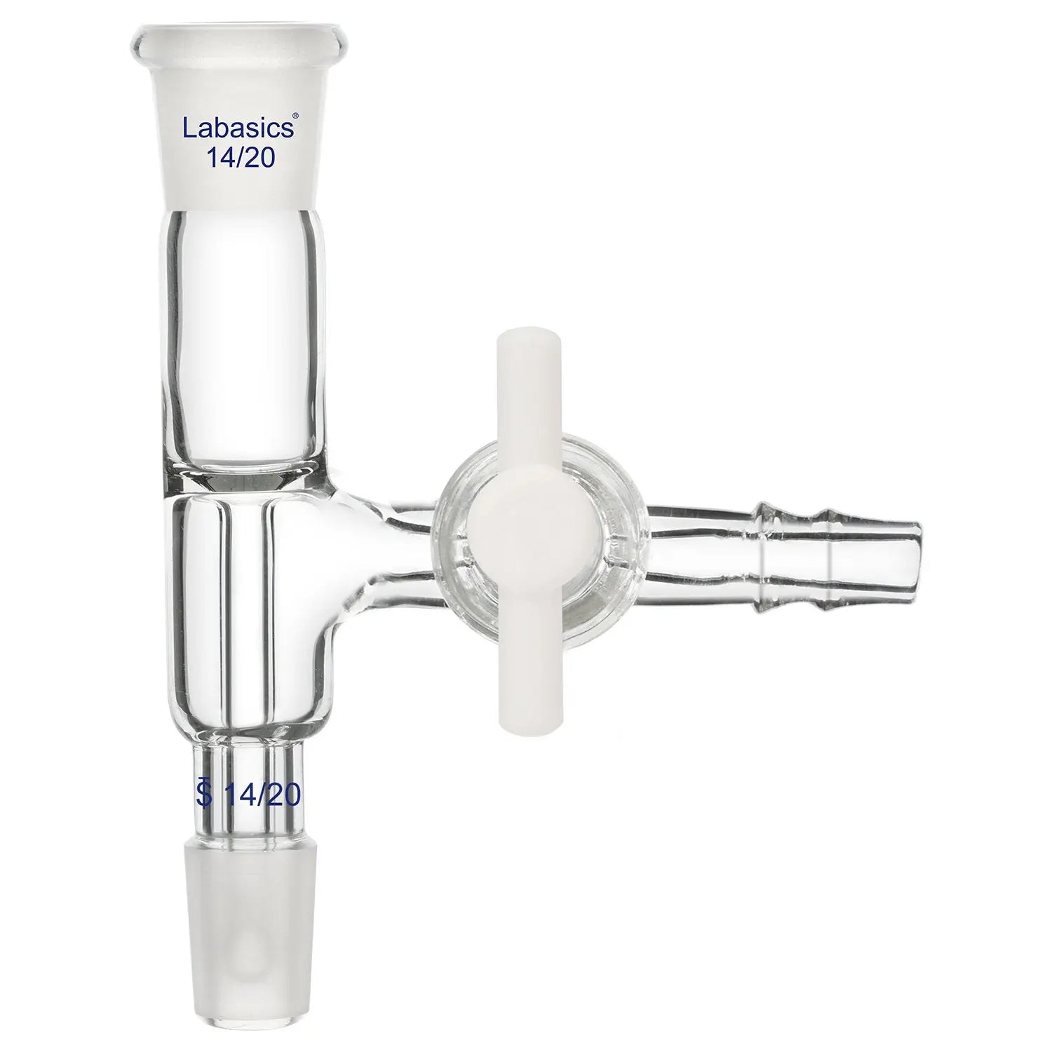 Borosilicate glass vacuum take-off adapter with PTFE stopcock, 14/20 upper outer and lower inner joint, reusable for laboratory vacuum setups