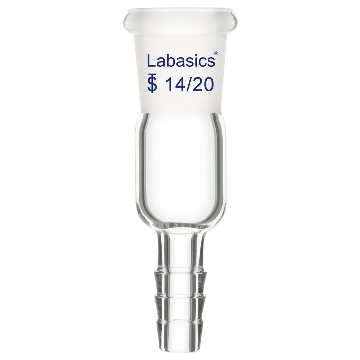 Borosilicate glass vacuum inlet adapter, 14/20 joint, 8 mm hose connection, reusable and chemical-resistant for laboratory vacuum setups