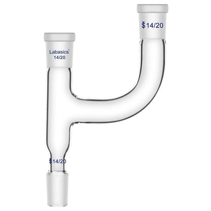 3-way Claisen distillation adapter, 14/20 ground joints, borosilicate glass, compact thick-walled design, secure multi-connection for laboratory distillation setups