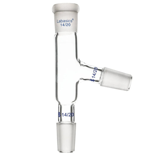 3-way borosilicate glass distilling adapter, 14/20 joint, reusable, connects condenser and thermometer for laboratory distillation