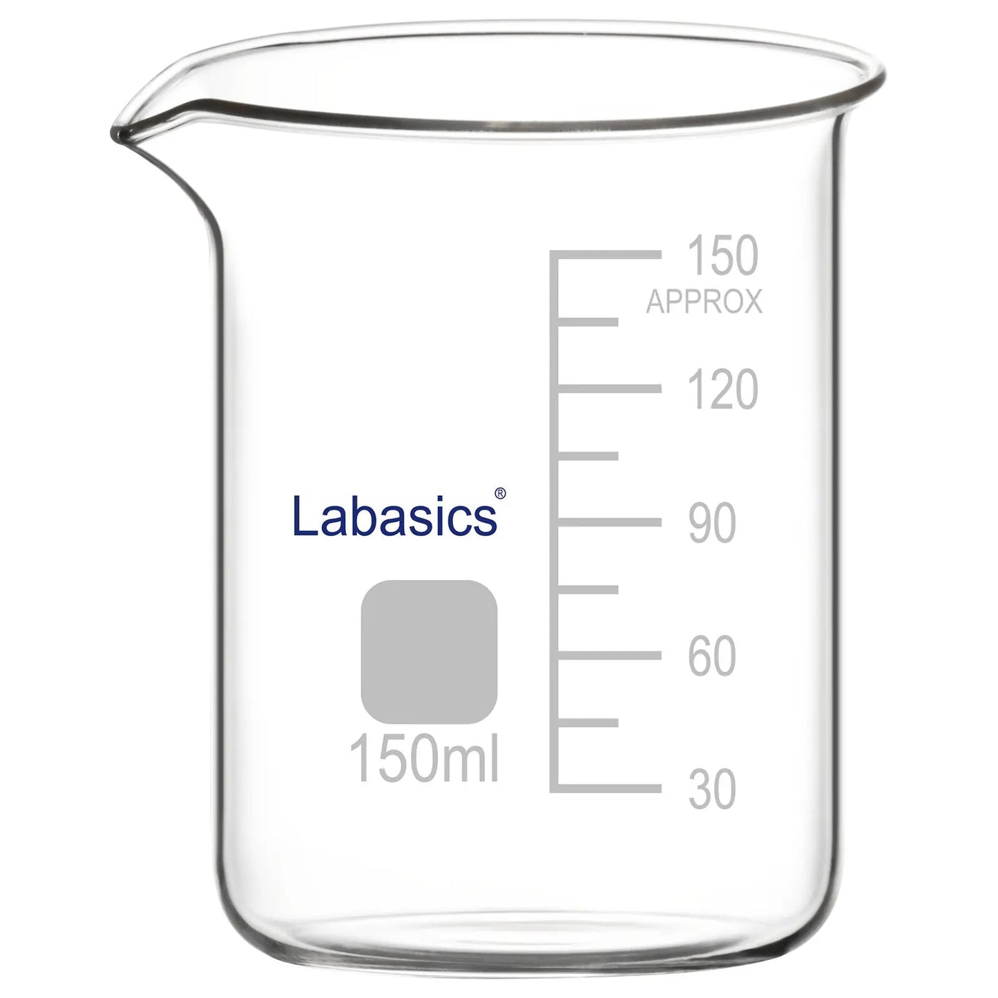 A 150 mL borosilicate glass beaker with a pouring spout and printed graduations, designed for general laboratory use with a stable base and easy-pour lip for controlled liquid transfer.