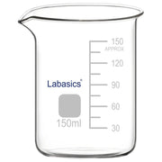 A 150 mL borosilicate glass beaker with a pouring spout and printed graduations, designed for general laboratory use with a stable base and easy-pour lip for controlled liquid transfer.