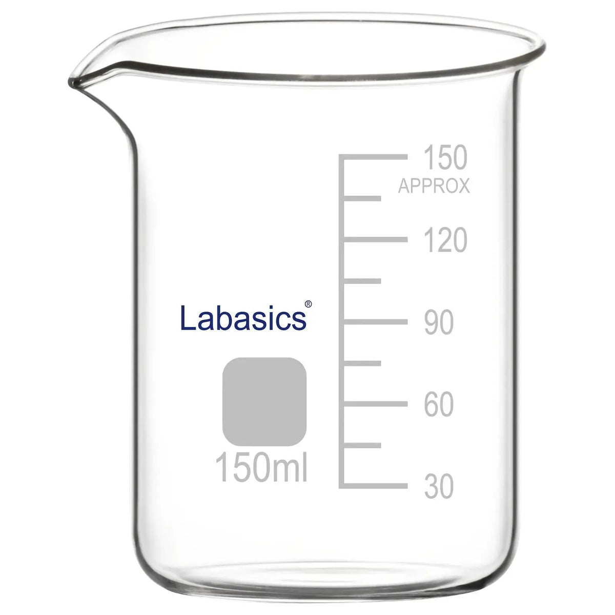 A 150 mL borosilicate glass beaker with a pouring spout and printed graduations, designed for general laboratory use with a stable base and easy-pour lip for controlled liquid transfer.