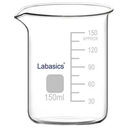 A 150 mL borosilicate glass beaker with a pouring spout and printed graduations, designed for general laboratory use with a stable base and easy-pour lip for controlled liquid transfer.