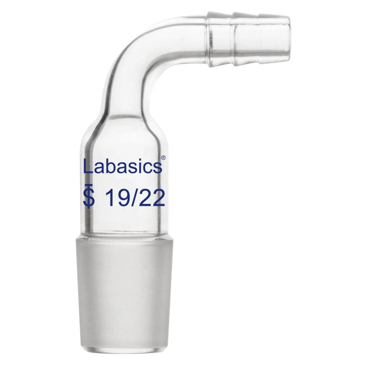 Laboratory glass adapter with 19/22 male ground joint and serrated hose barb for connecting glassware to tubing line