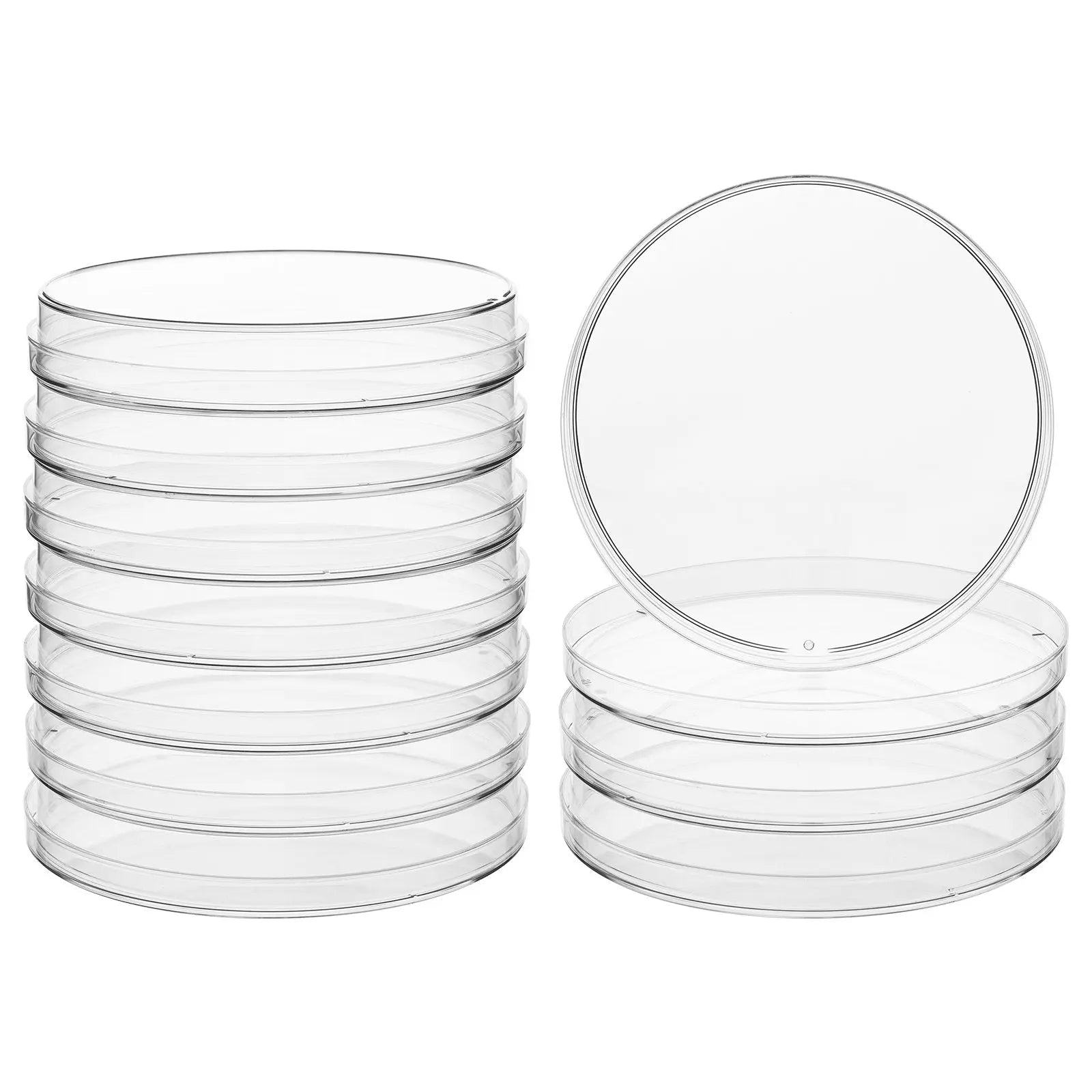 10-pack 90 mm polystyrene plastic Petri dishes, 1-4 compartment design, flat-edged for stacking, clear view for laboratory sample observation