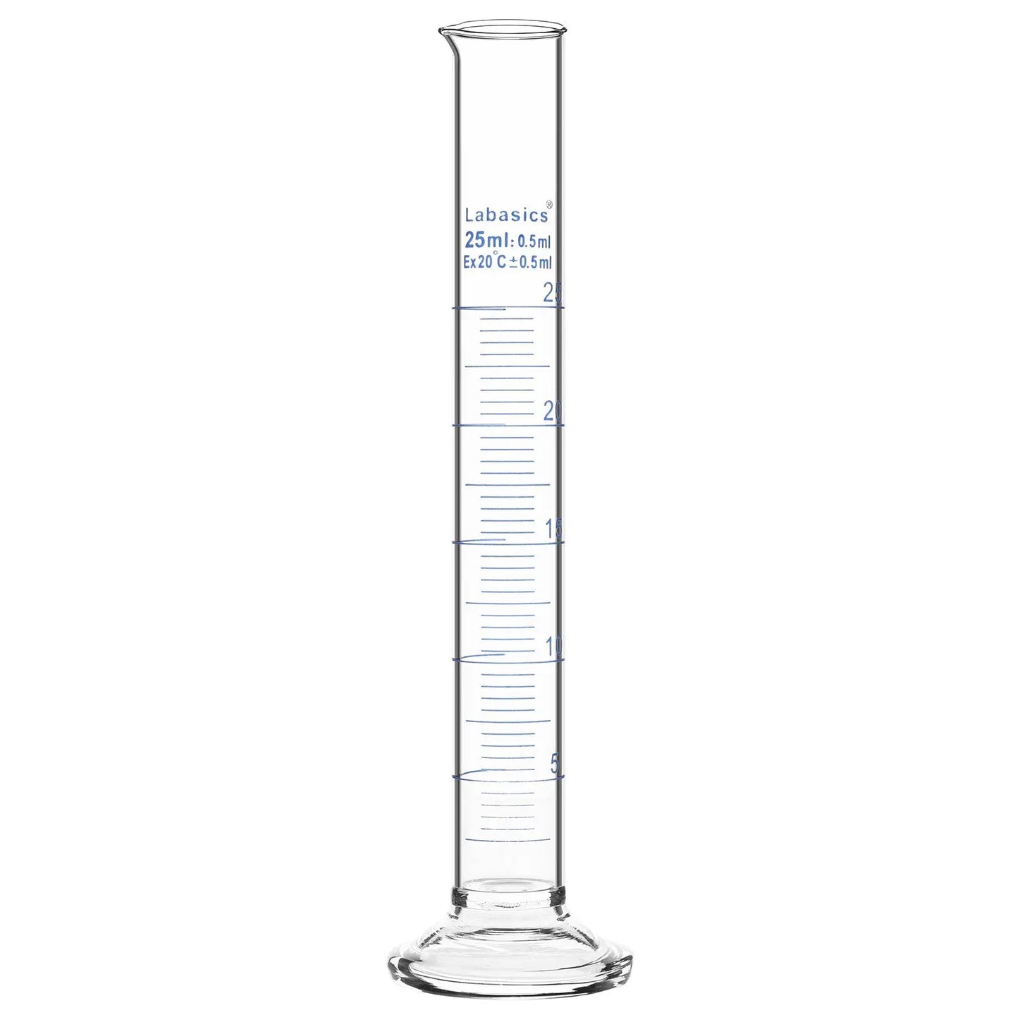 Measuring cylinder, 25 mL, borosilicate glass construction, accurate metric graduations, suitable for laboratory liquid handling