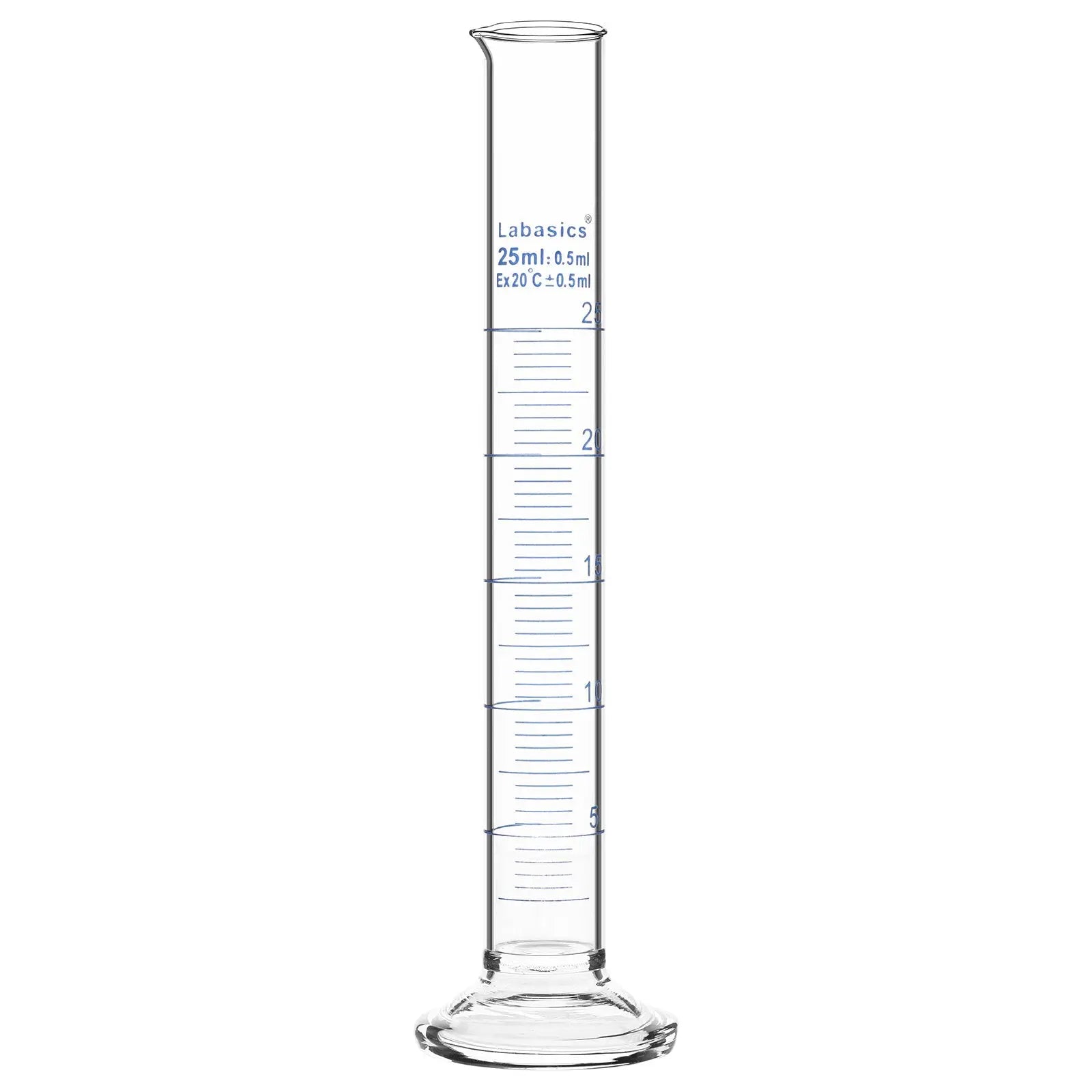 Measuring cylinder, 25 mL, borosilicate glass construction, accurate metric graduations, suitable for laboratory liquid handling