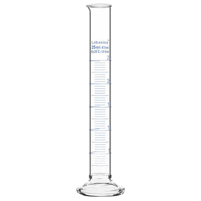 Measuring cylinder, 25 mL, borosilicate glass construction, accurate metric graduations, suitable for laboratory liquid handling