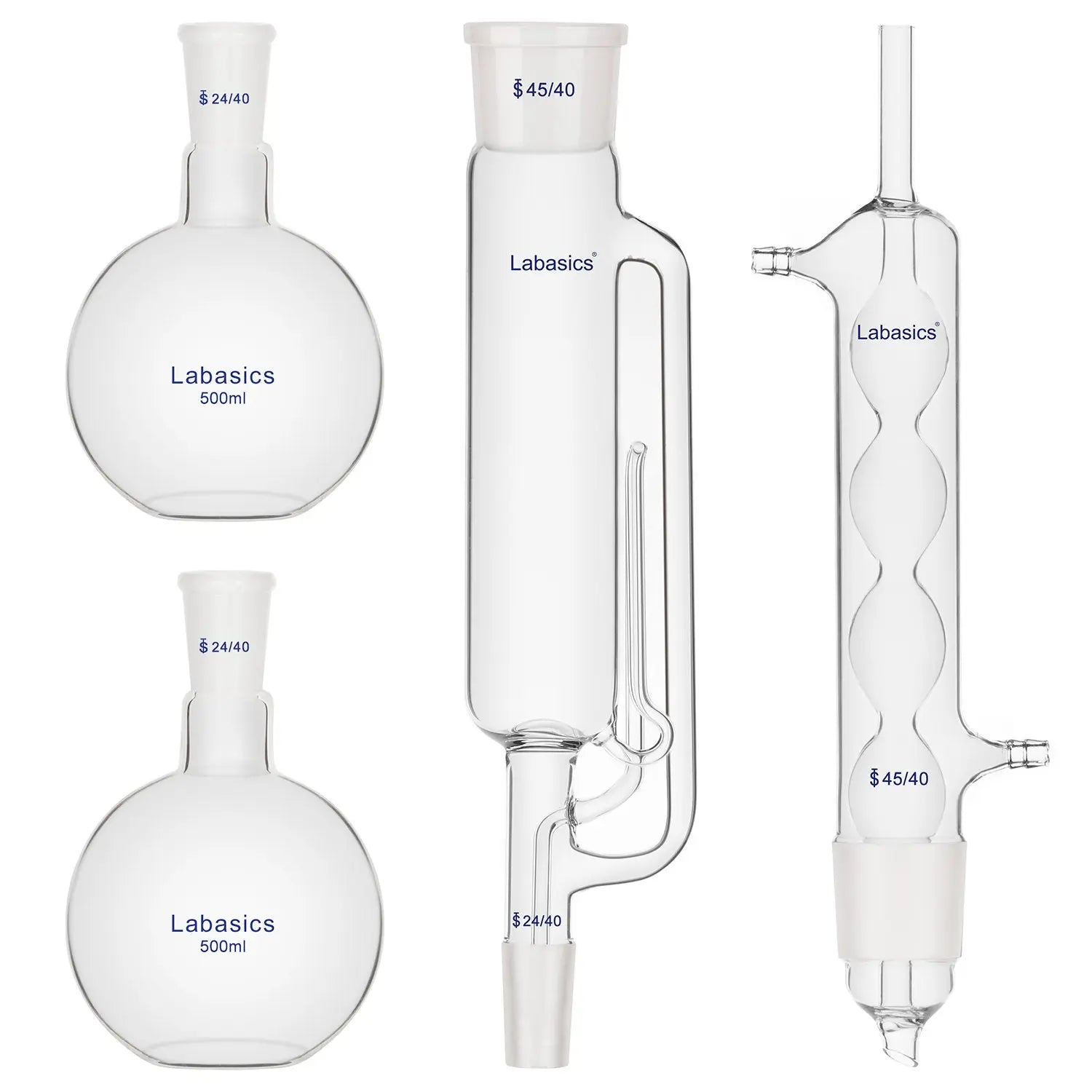 500 ml Soxhlet Type Extraction Apparatus, 45/40 Soxhlet Extractor with Allihn Condenser and 2X 500 ml Flat Bottom Flasks with 24/40 Joint, Complete Unit, 4 Pack