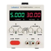 Digital DC power supply, adjustable 0-30V and 0-5A, bench-top laboratory power unit with digital display, voltage and current control knobs, used for lab testing, R&D, and educational experiments, front panel view with safety protection features including OVP and overload protection.