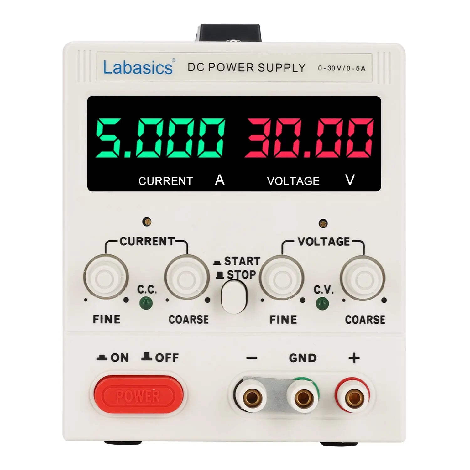 Digital DC power supply, adjustable 0-30V and 0-5A, bench-top laboratory power unit with digital display, voltage and current control knobs, used for lab testing, R&D, and educational experiments, front panel view with safety protection features including OVP and overload protection.