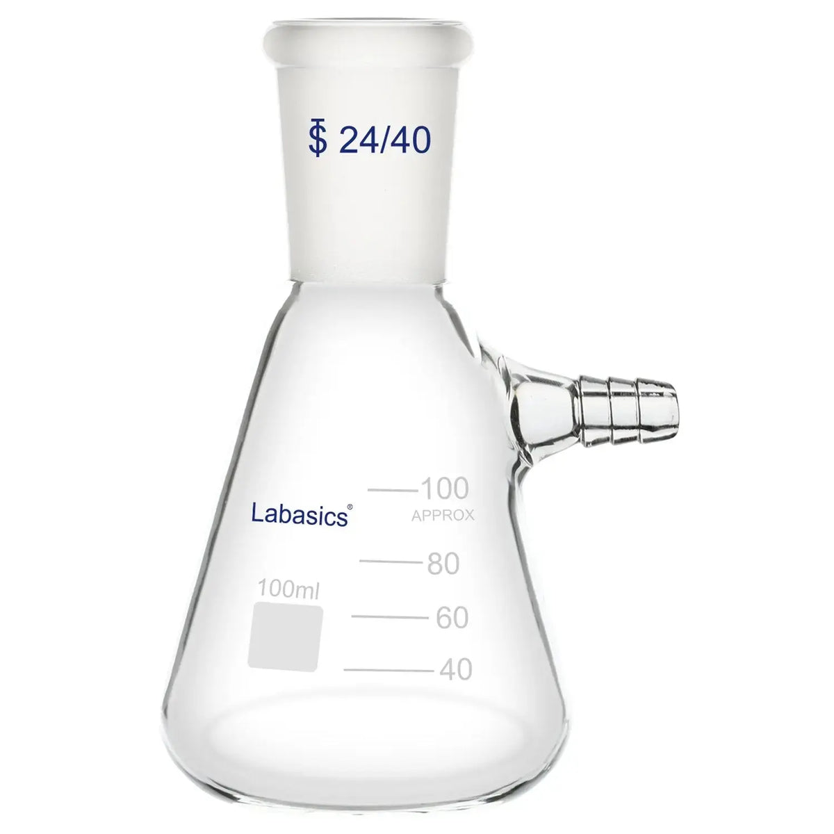 Filtering flask, 100 mL, 24/40 joint, thick-walled borosilicate glass, vacuum filtration flask for laboratory use
