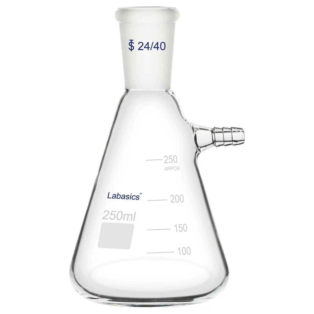 Filtering flask, 250 mL, borosilicate glass, 24/40 joint, hose interface, used for vacuum filtration and solution separation