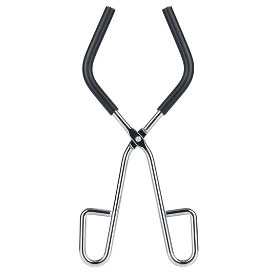Stainless steel beaker tongs, 10.04 inch length, 5.32 inch maximum opening, heat-resistant design, non-slip jaw pads, for safe handling of beakers, flasks, and lab vessels