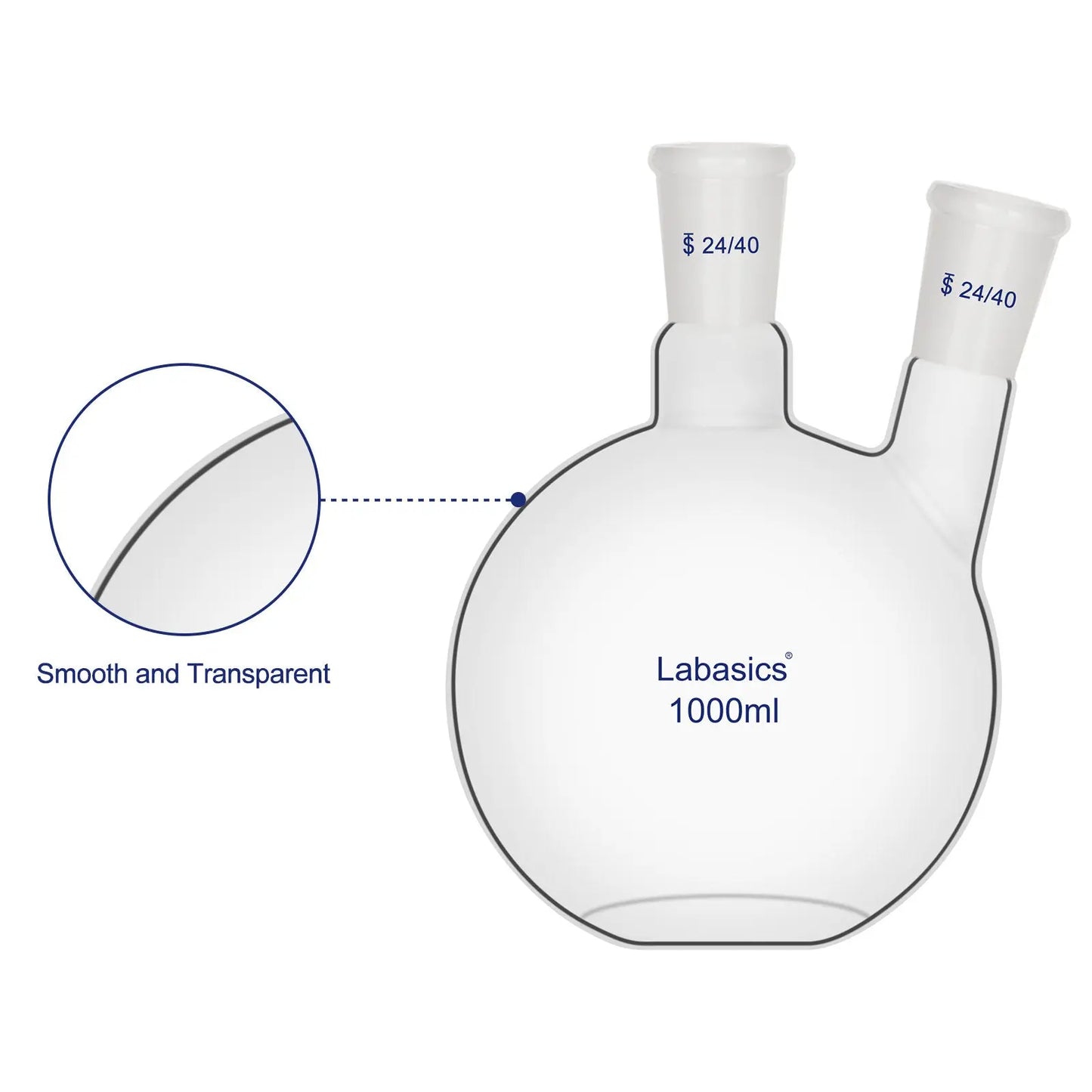 2 Neck Glass Flat Bottom Flask, 24/40 Standard Joint, 50-2000mL Labasics