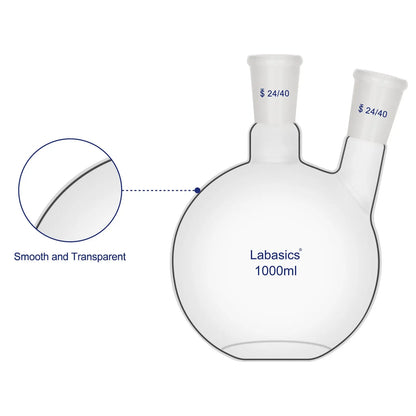 2 Neck Glass Flat Bottom Flask, 24/40 Standard Joint, 50-2000mL Labasics