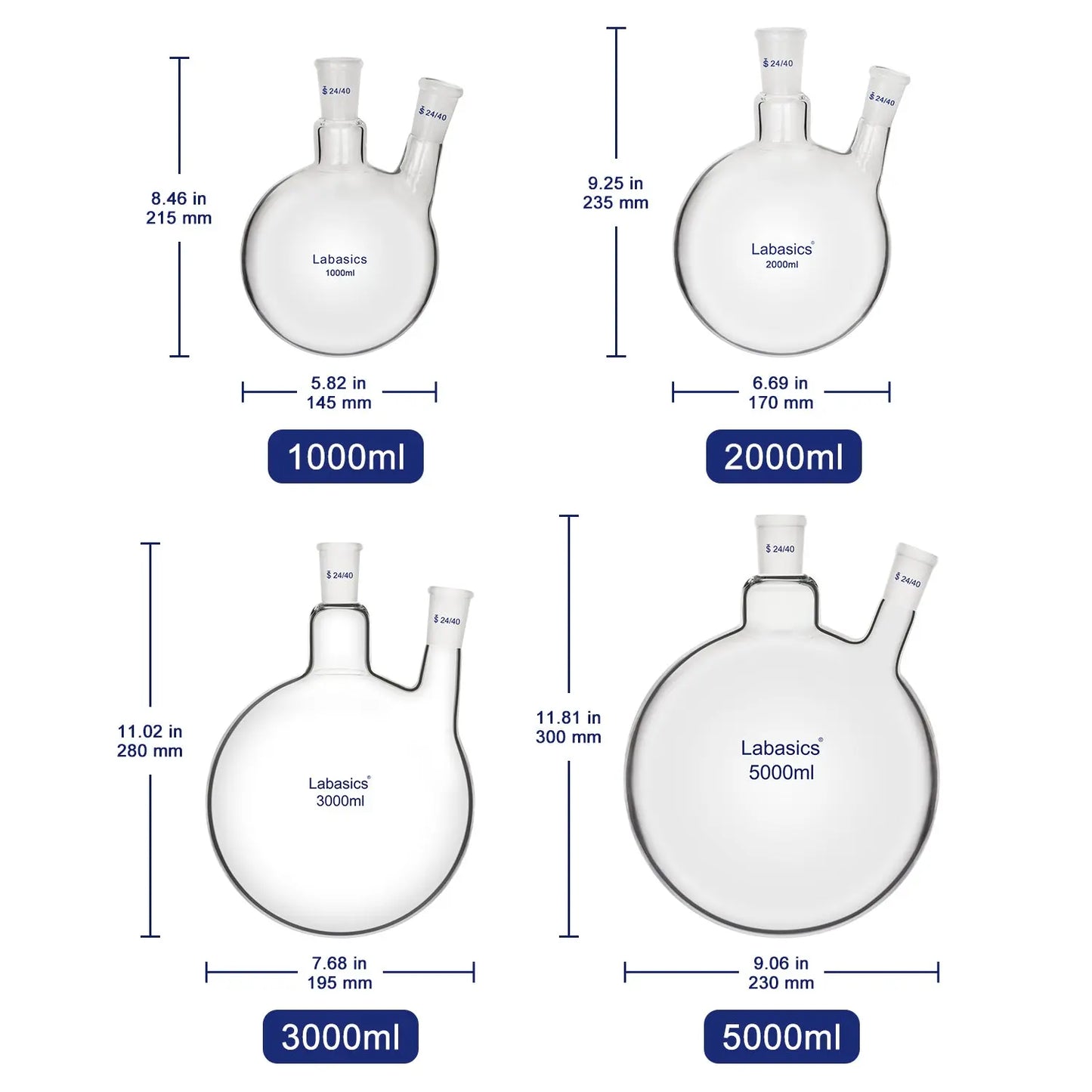 2 Neck Round Bottom Flask, 24/40 Taper Outer Joint, 50-3000 mL Labasics