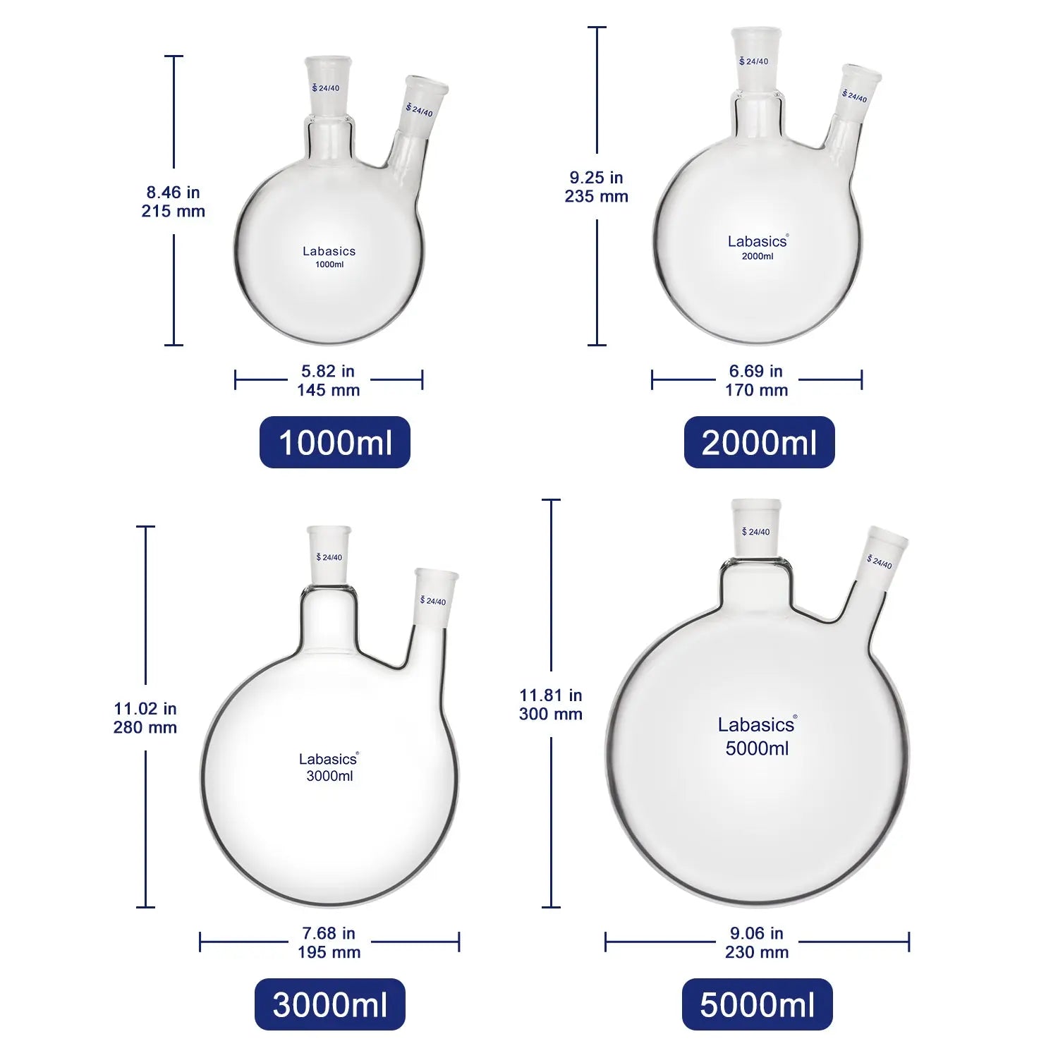 2 Neck Round Bottom Flask, 24/40 Taper Outer Joint, 50-3000 mL Labasics