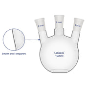 Smooth and transparent borosilicate glass 3 neck flat bottom flask surface close-up
