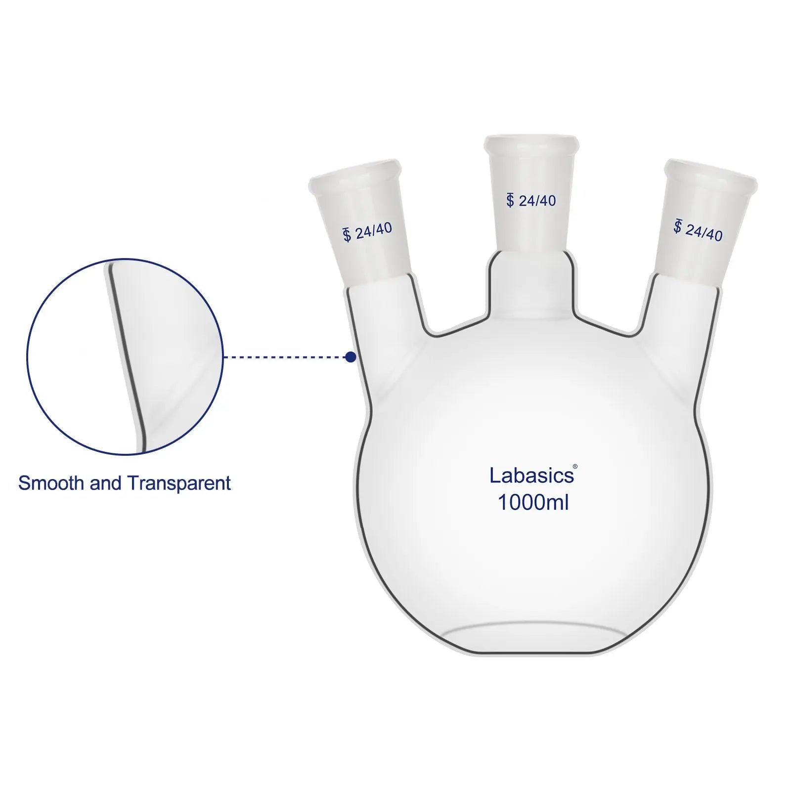 Smooth and transparent borosilicate glass 3 neck flat bottom flask surface close-up