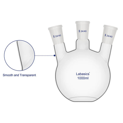 Smooth and transparent borosilicate glass 3 neck flat bottom flask surface close-up