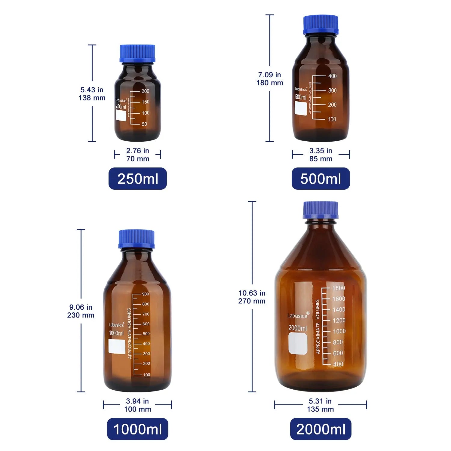 Amber Media Storage Bottles with GL45 Blue Screw Cap, Soda-Lime Glass, 250-2000 mL Labasics