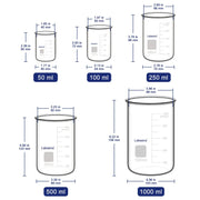 Graduated Beaker Set, No Pouring Spout, Combo Pack - available in five capacities: 50 ml, 100 ml, 250 ml, 500 ml, and 1000 ml