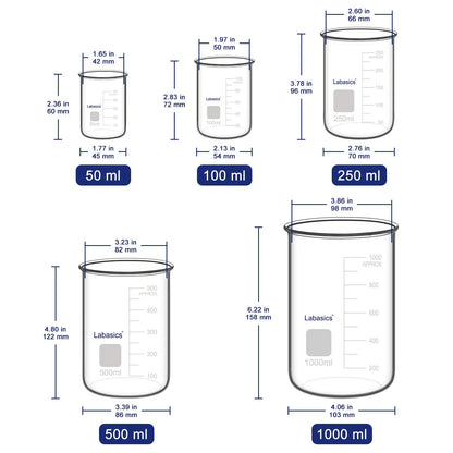 Graduated Beaker Set, No Pouring Spout, Combo Pack - available in five capacities: 50 ml, 100 ml, 250 ml, 500 ml, and 1000 ml