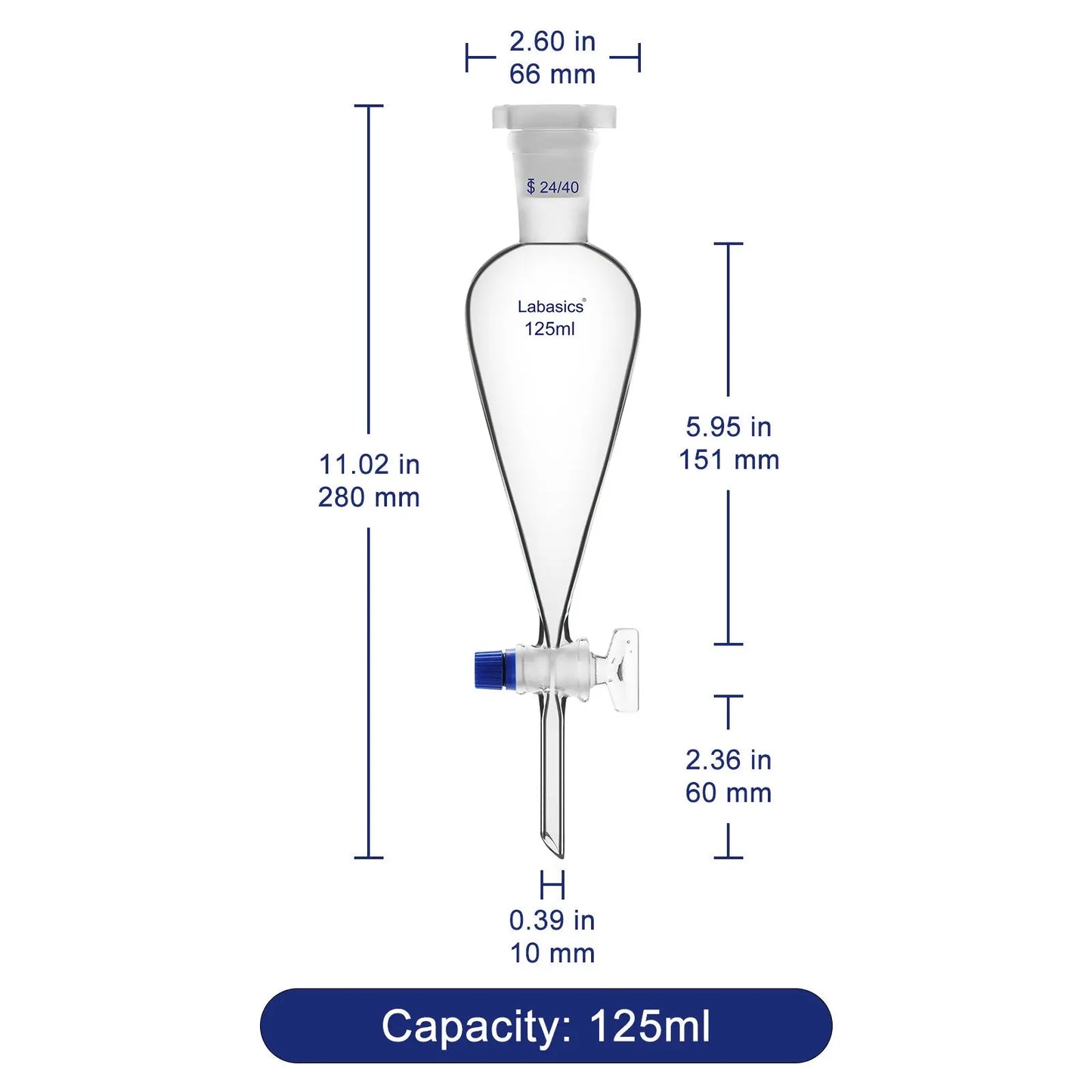 Conical Separatory Funnel with Glass Stopcock and 24/40 Plastic Joint Stopper, 60 – 1000 mL Labasics shop