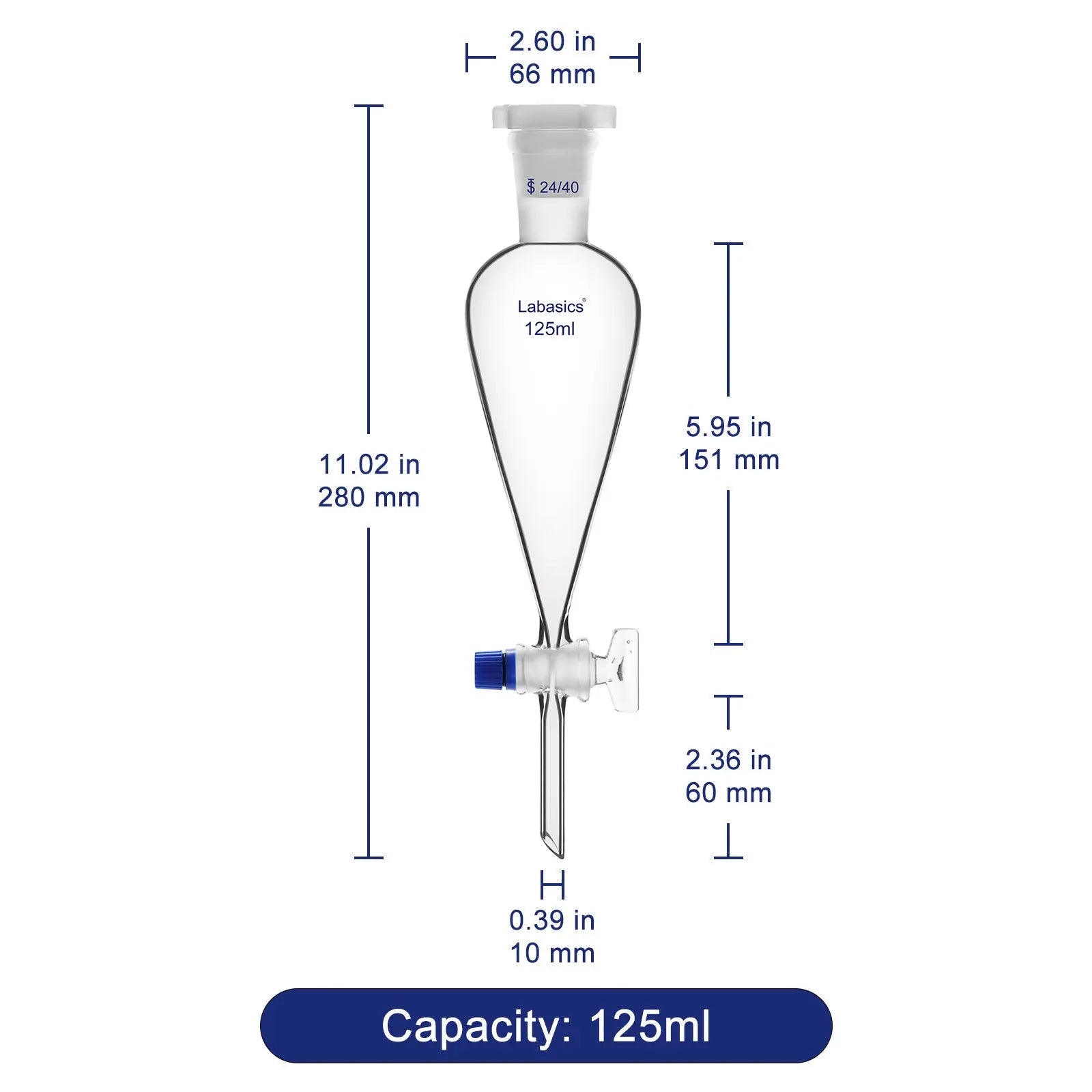 Conical Separatory Funnel with Glass Stopcock and 24/40 Plastic Joint Stopper, 60 – 1000 mL Labasics shop