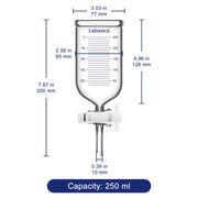 Graduated dropping funnel in 250 mL sizes with labeled dimensions