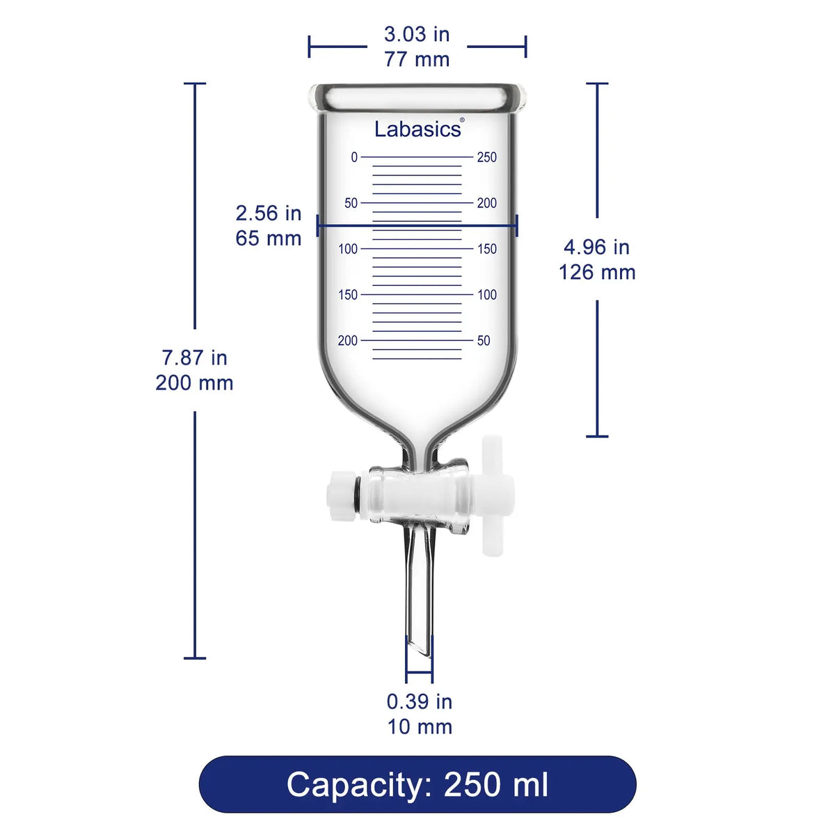 Graduated dropping funnel in 250 mL sizes with labeled dimensions