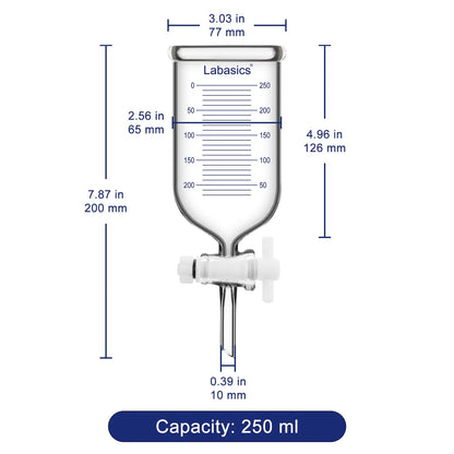 Graduated dropping funnel in 250 mL sizes with labeled dimensions