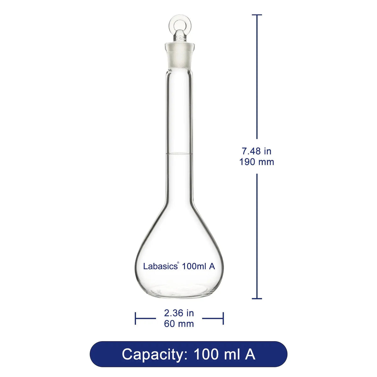 Glass volumetric flask 100 ml, Class A precision borosilicate glass with frosted mouth