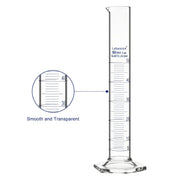 Clear graduated markings on a glass measuring cylinder for reading liquid volume