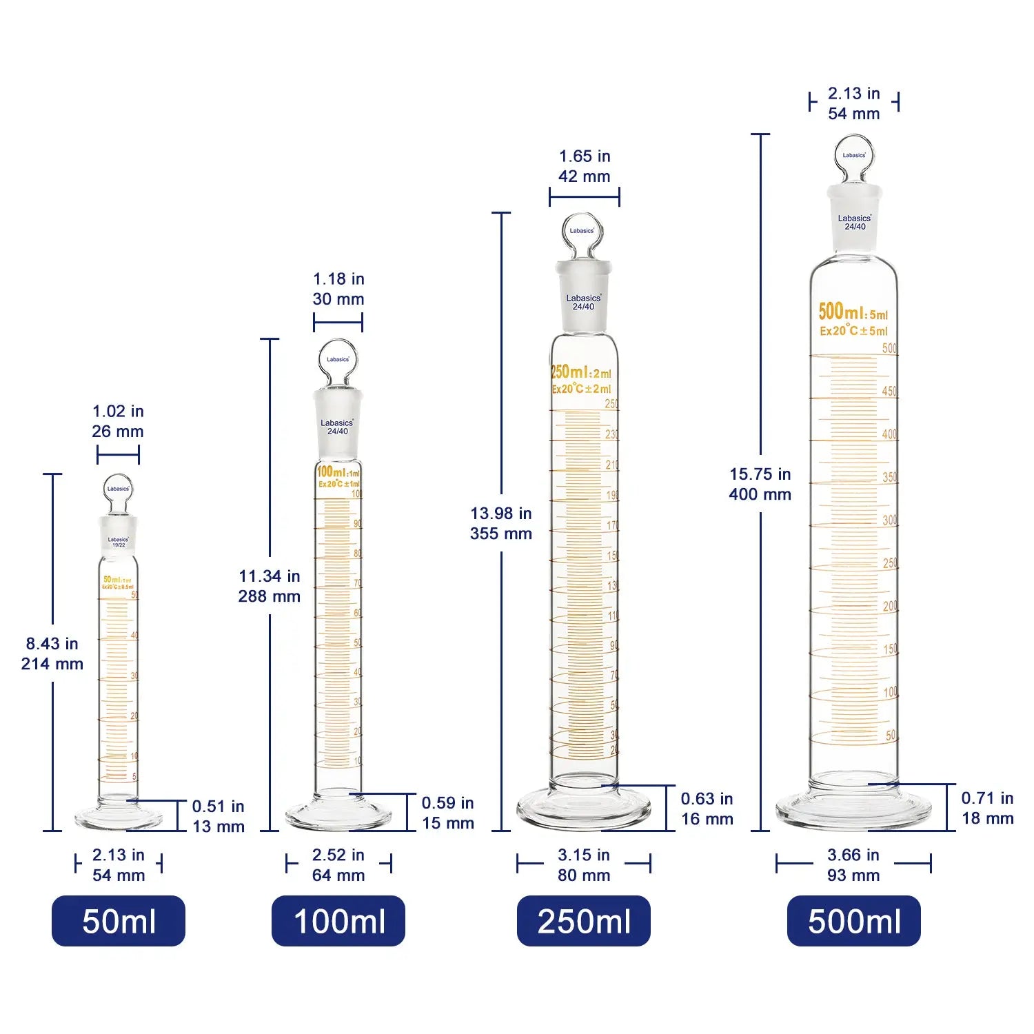 Graduated Cylinder with Stopper, 50-500mL Labasics