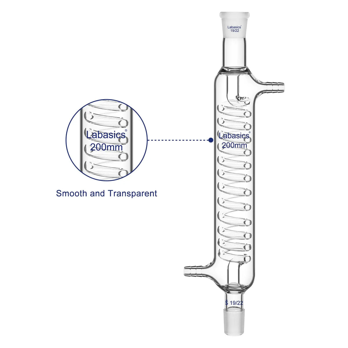 Glass Graham condenser with labeled 200 mm jacket length and 19/22 joints