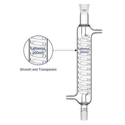 Glass Graham condenser with labeled 200 mm jacket length and 19/22 joints