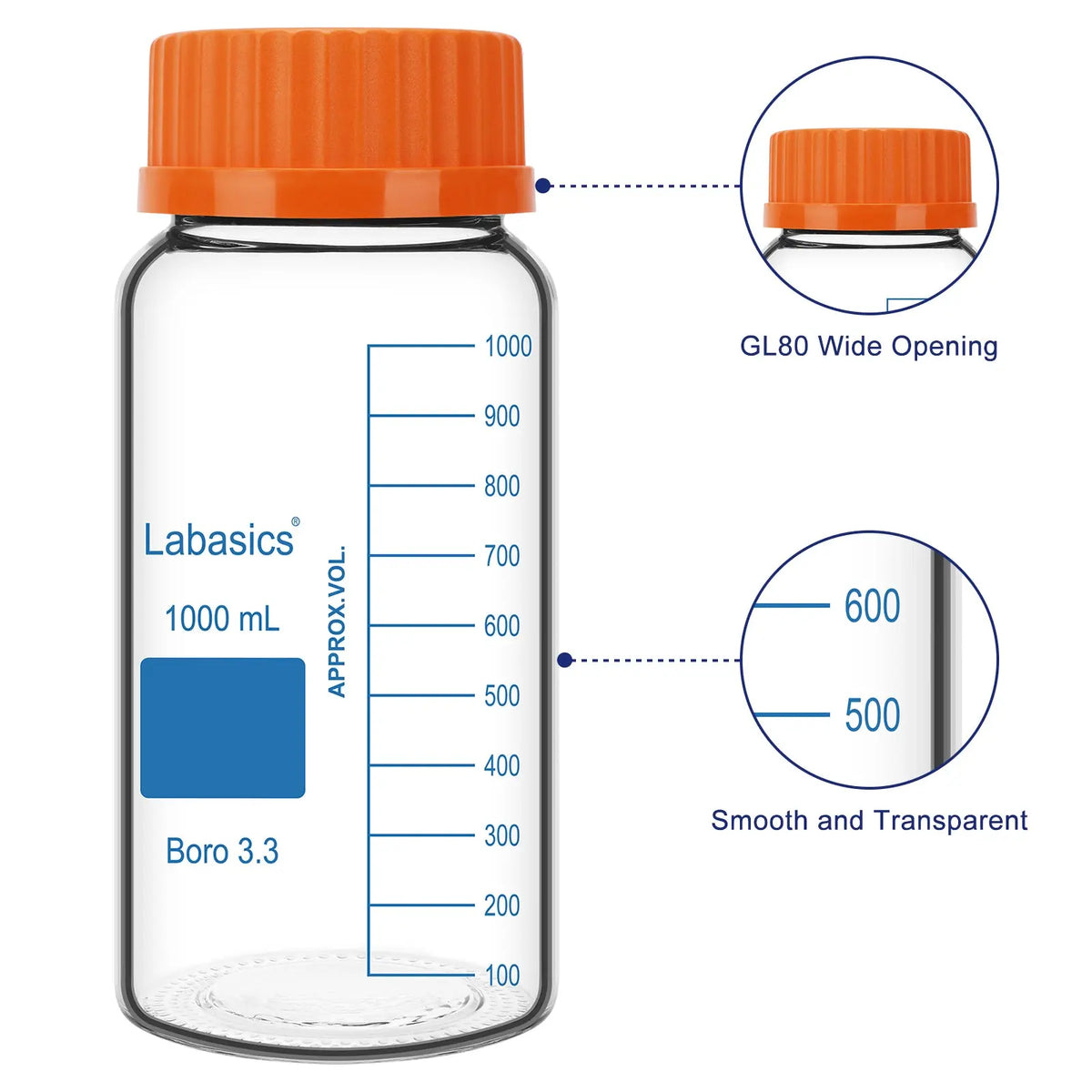 Transparent Borosilicate Glass Reagent Bottle with Orange GL80 Polypropylene Cap